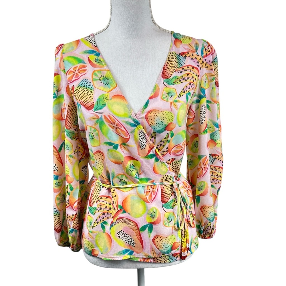 Farm Rio Anthropologie Rainforest Boho Colorful Wrap Blouse Beaded Ties Size XS - Picture 2 of 10